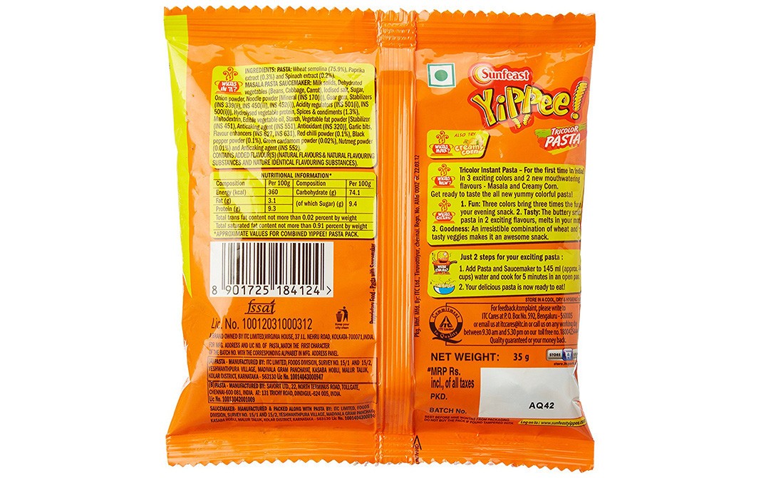 Sunfeast YiPPee Masala Tricolor Pasta   Pack  35 grams